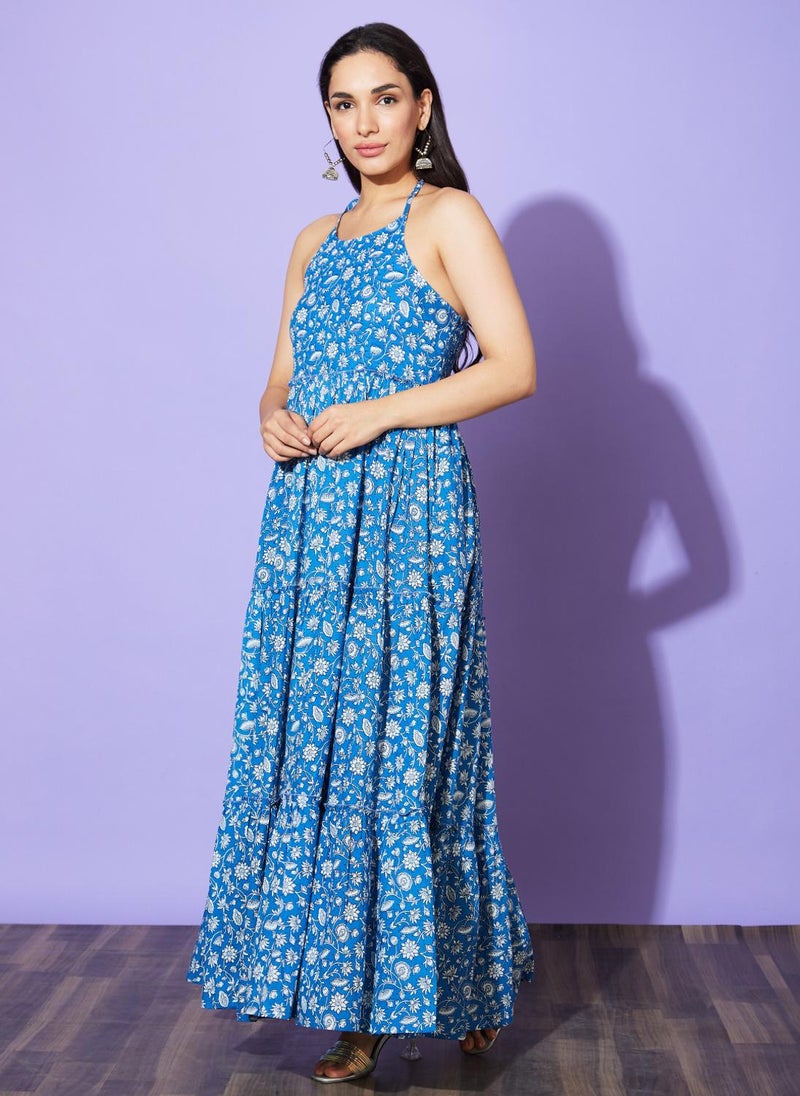 Globus Women Blue Floral Print Halter Neck Cotton Tiered Fit & Flare Maxi Dress - Image 3